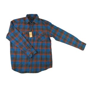 Gioberti Casual Plaid Flannel Shirt in Blue and Rust Mens M